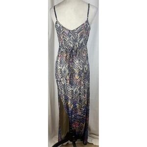 Charlie jade Abstract Chevron Maxi Dress OS Navy Boho Side Slit Tie Back